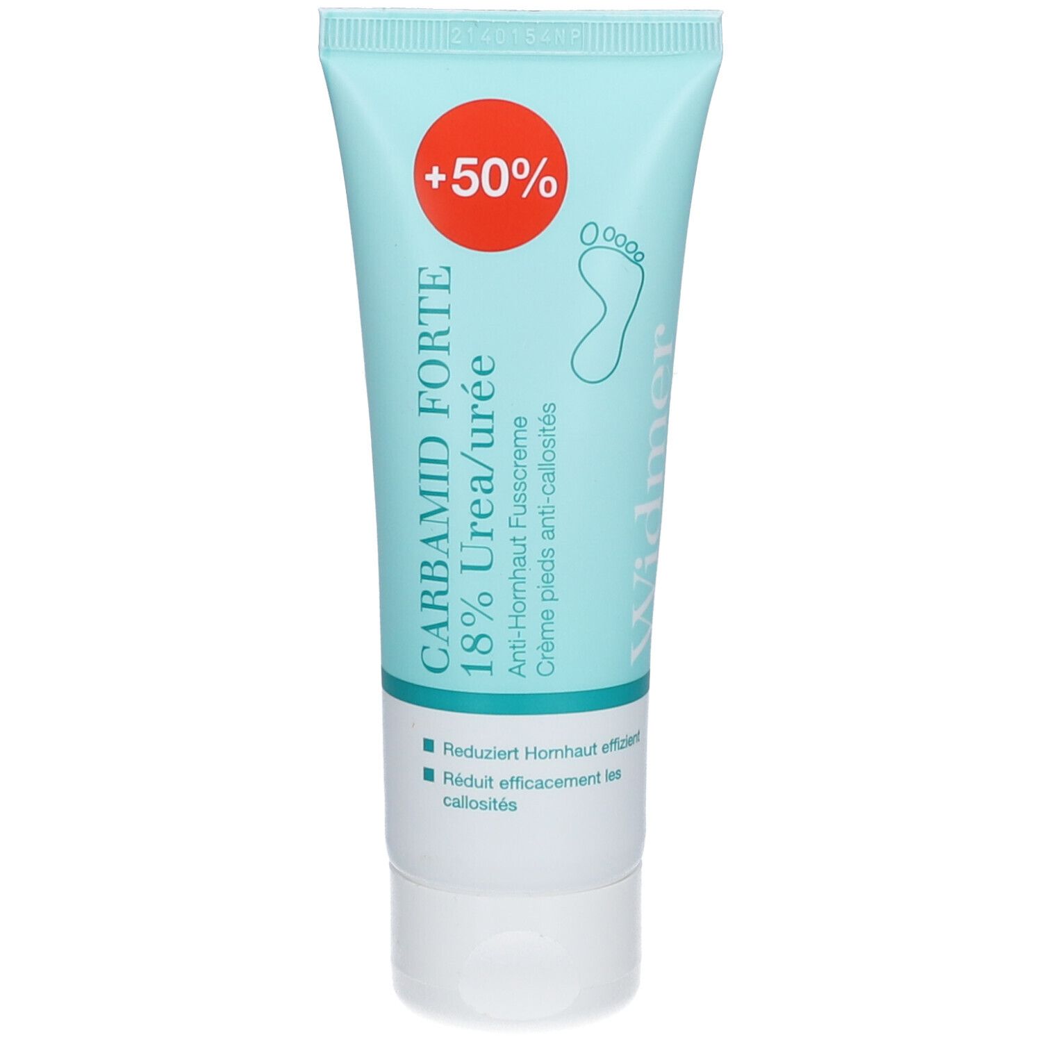 Tube LOUIS WIDMER Carbamid Forte. Turquoise, wit en rood. Tekst: 18% Urea/urée, Anti-eelt voetcrème. Voetsymbool. +50%.