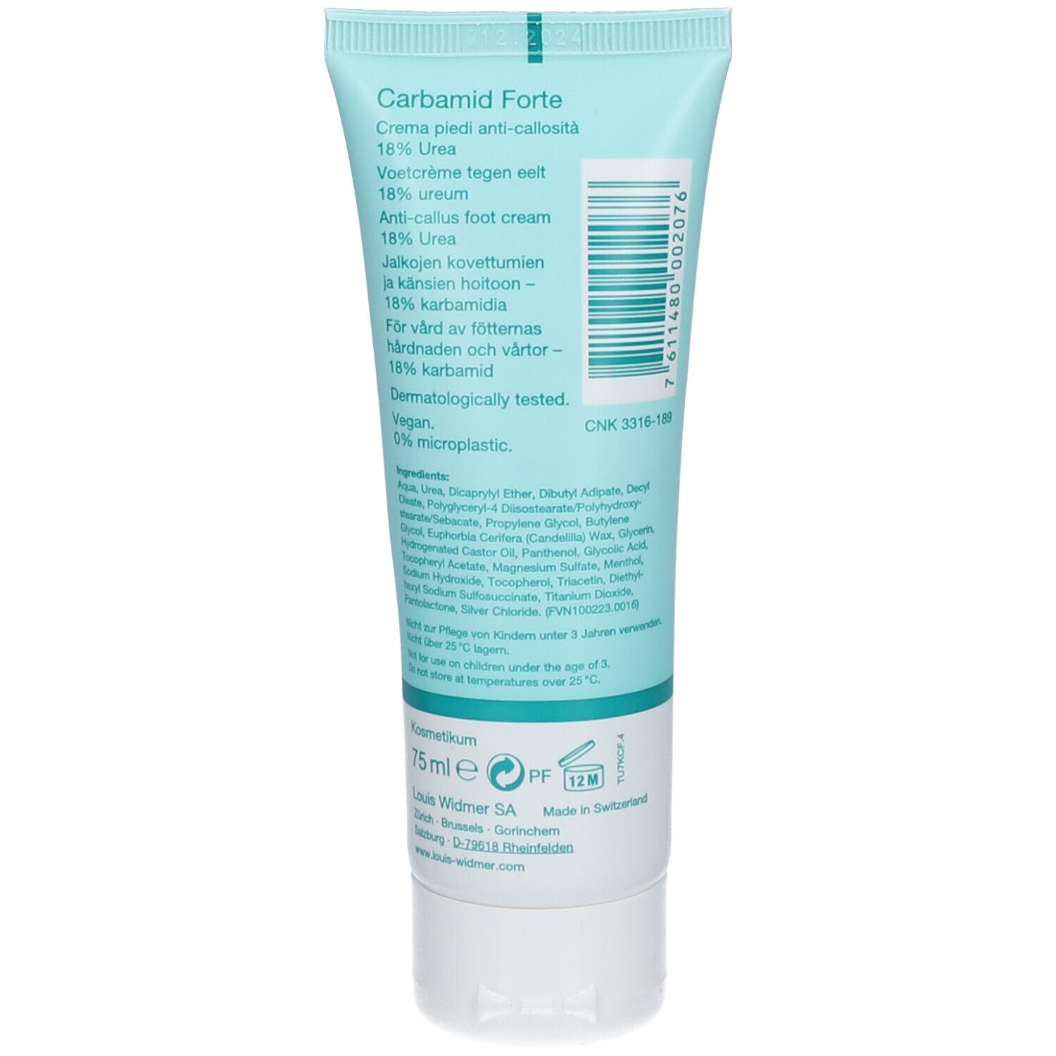 Achterkant tube LOUIS WIDMER Carbamid Forte. Turquoise. Tekst: 18% Urea, Anti-eelt voetcrème. Ingrediënten. Vegan. Dermatologisch getest.
