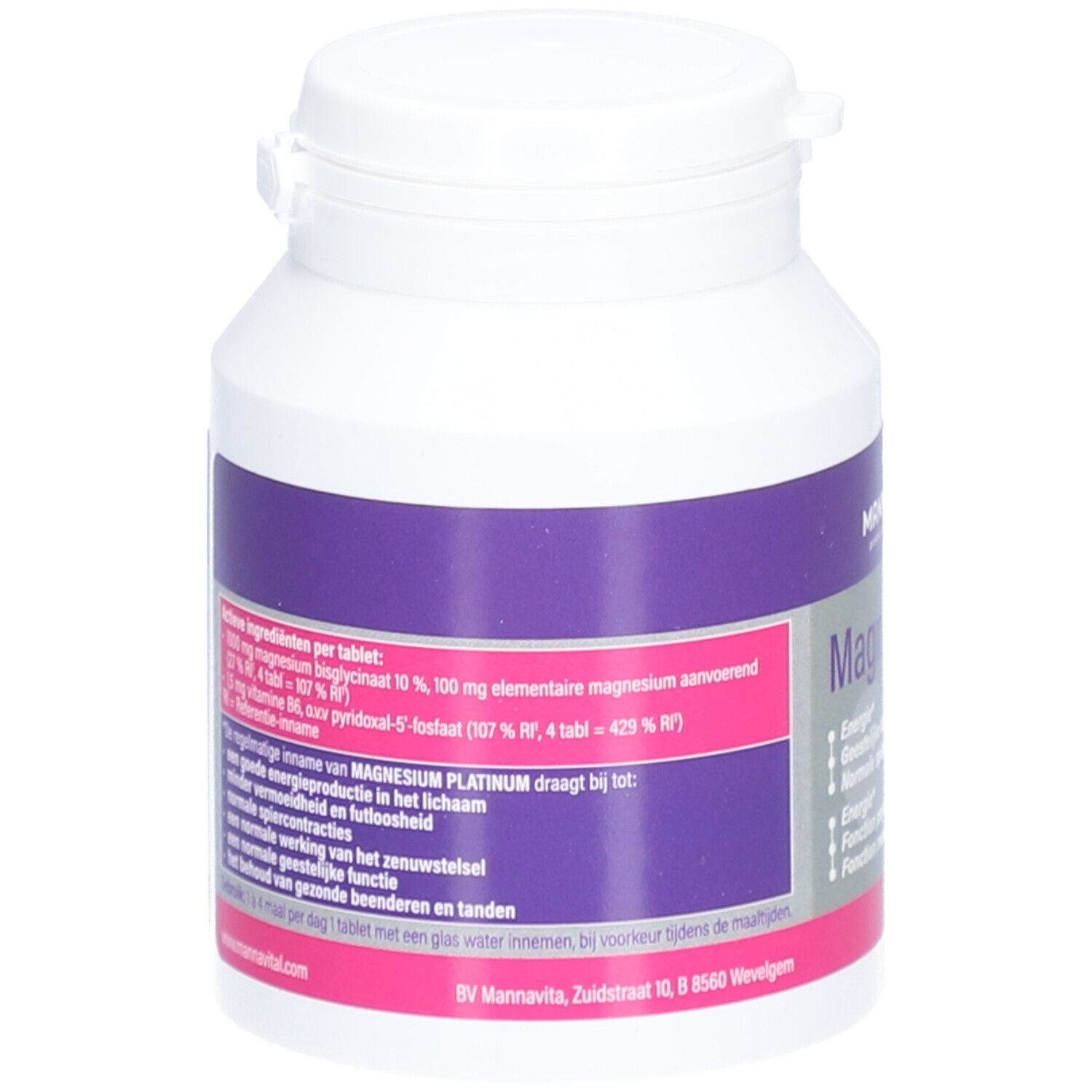 Dos d'un flacon de complément alimentaire blanc avec étiquette violette et rose. Contient des informations sur les ingrédients et l'utilisation.