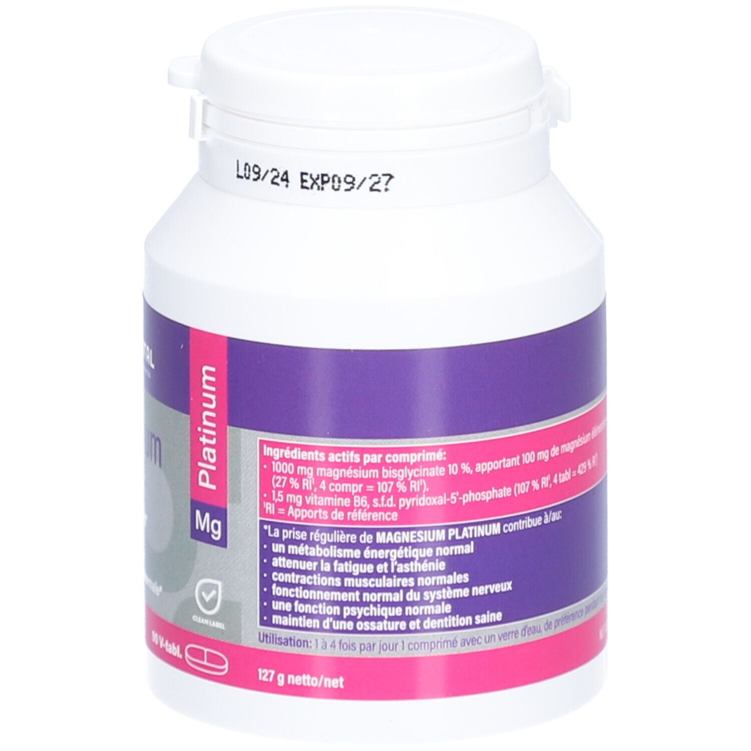 Flacon blanc de complément alimentaire avec étiquette violette et rose. Contient Mannavital Magnesium Platinum. 127 g net.