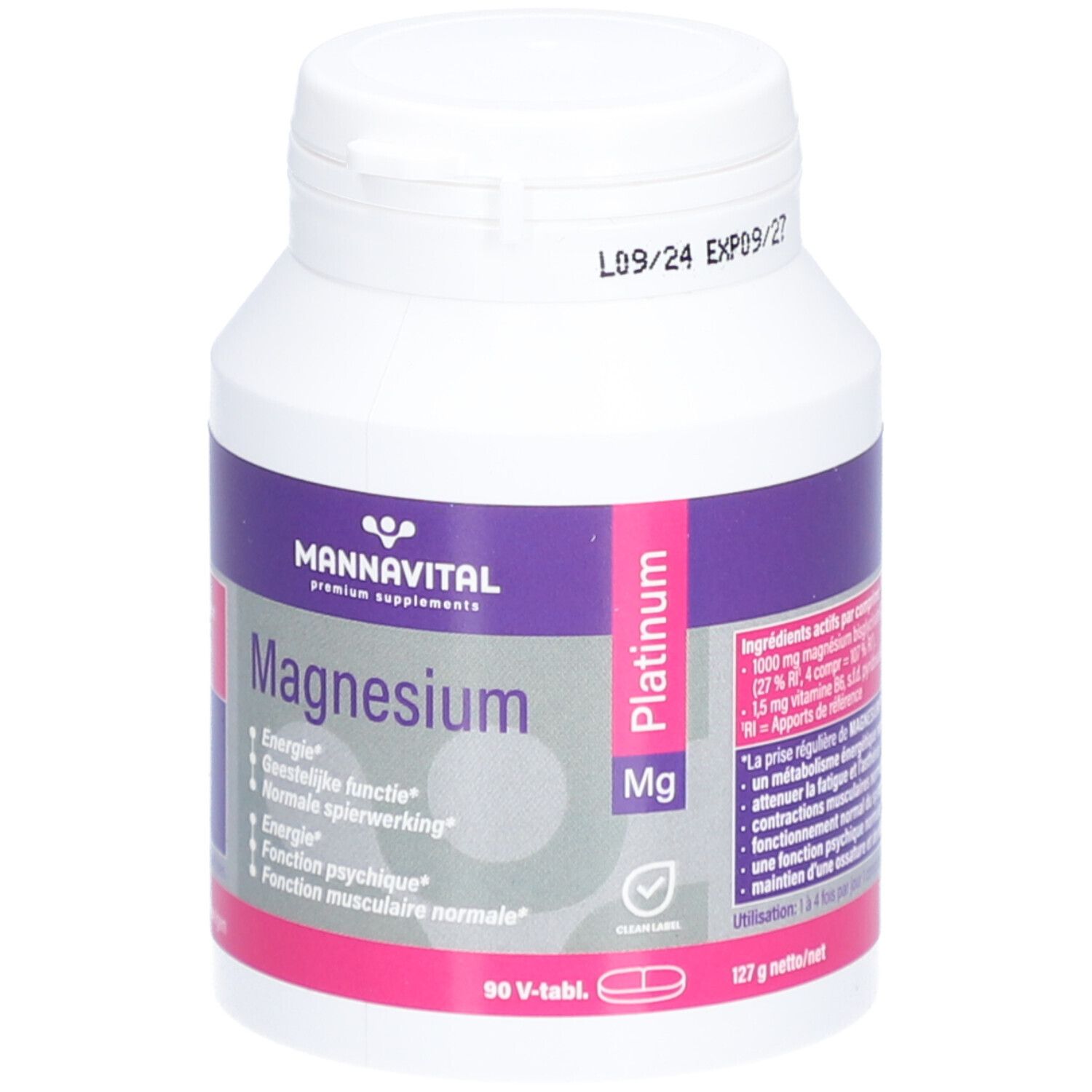 Flacon blanc de complément alimentaire avec étiquette violette et rose. Contient Mannavital Magnesium Platinum. 90 comprimés, 127 g net.