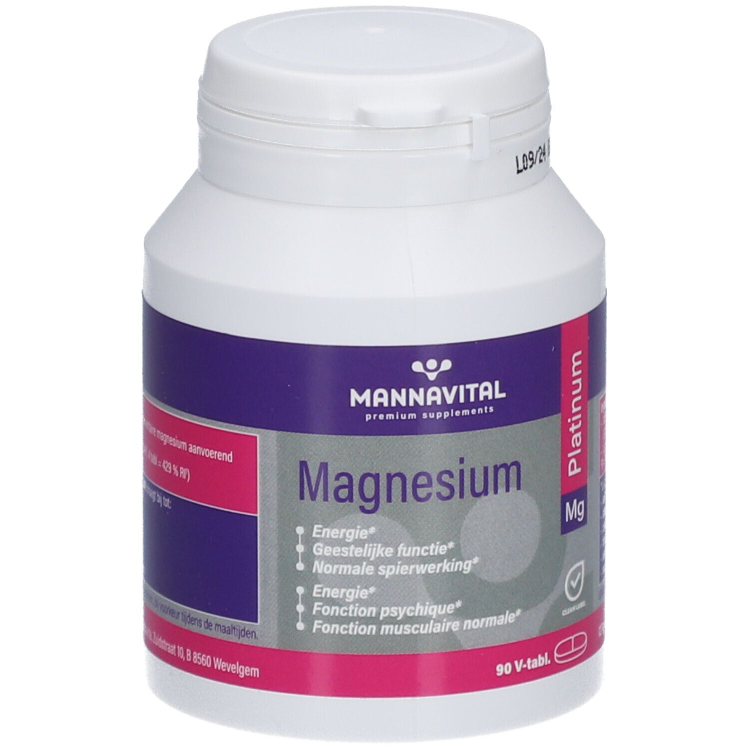 Flacon blanc de complément alimentaire avec étiquette violette et rose. Contient Mannavital Magnesium Platinum. 90 comprimés.