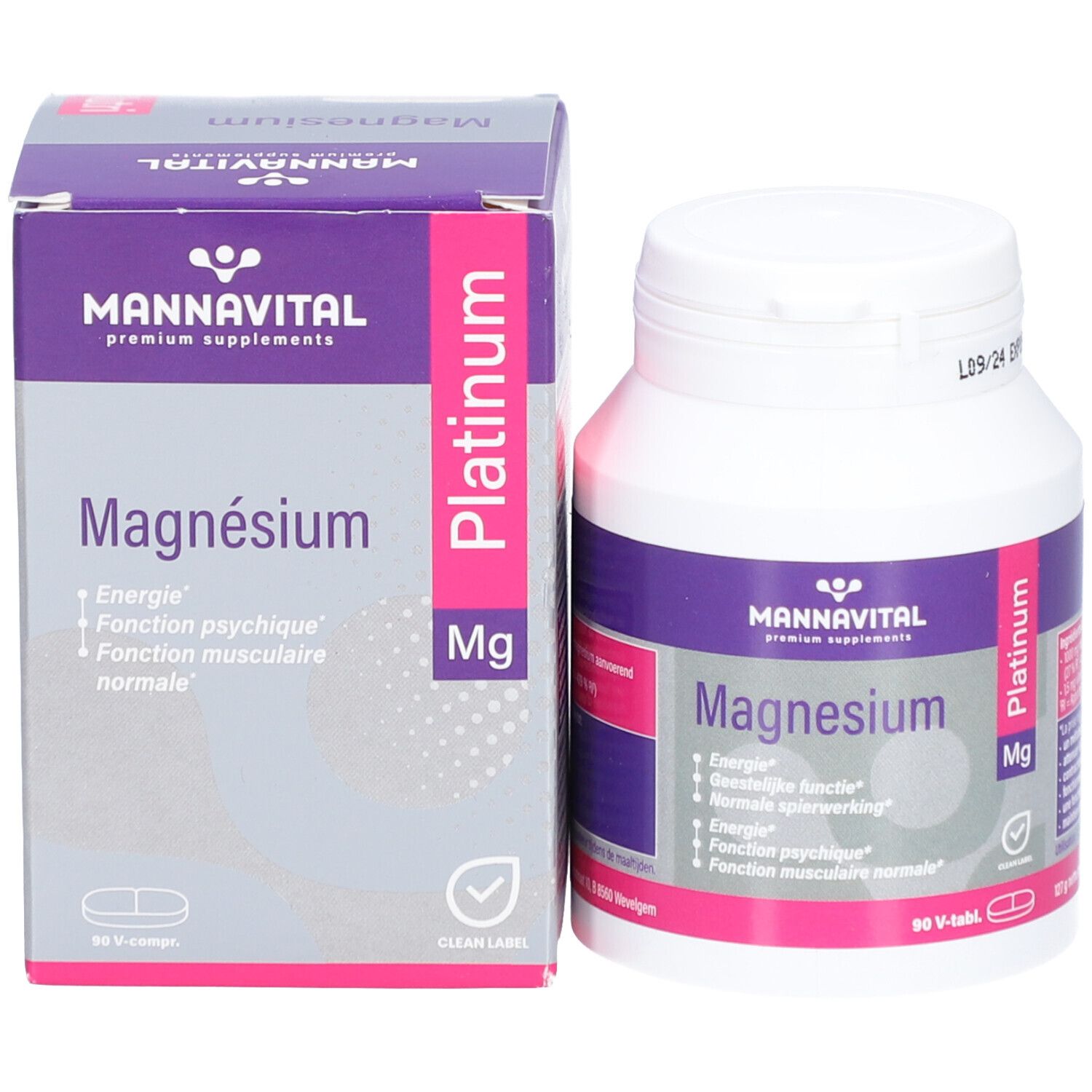 Emballage et flacon Mannavital Magnesium Platinum. Flacon et boîte blancs avec étiquettes violettes et roses. 90 comprimés.
