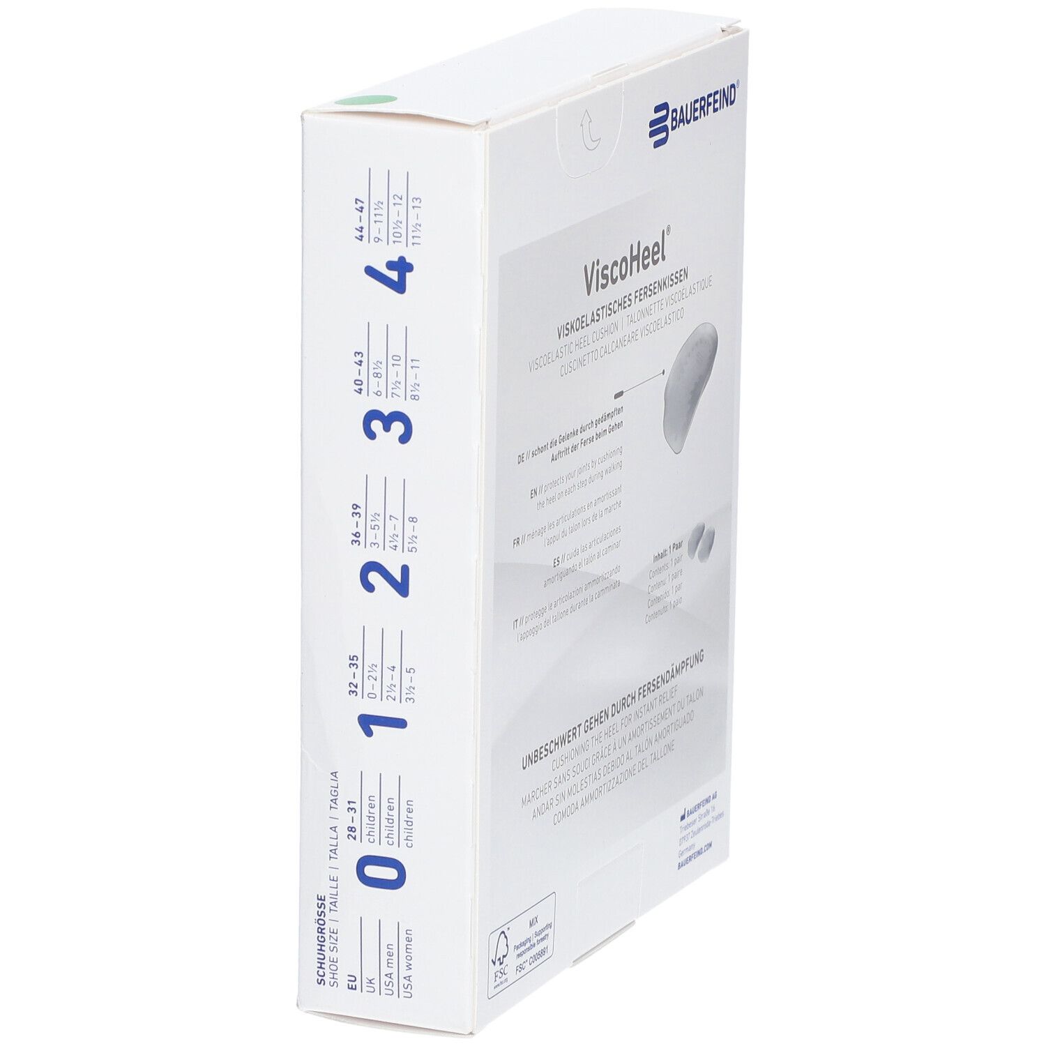 Emballage ViscoHeel, côté avec tailles. Pointures 32-35. Marque Bauerfeind.