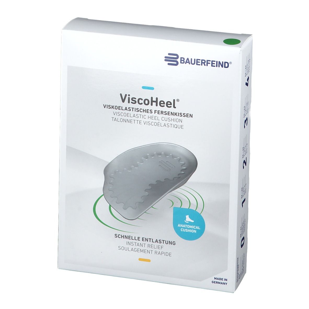 Boîte Bauerfeind ViscoHeel. Carton blanc avec image du produit et texte. Coussin anatomique. Indications de taille.