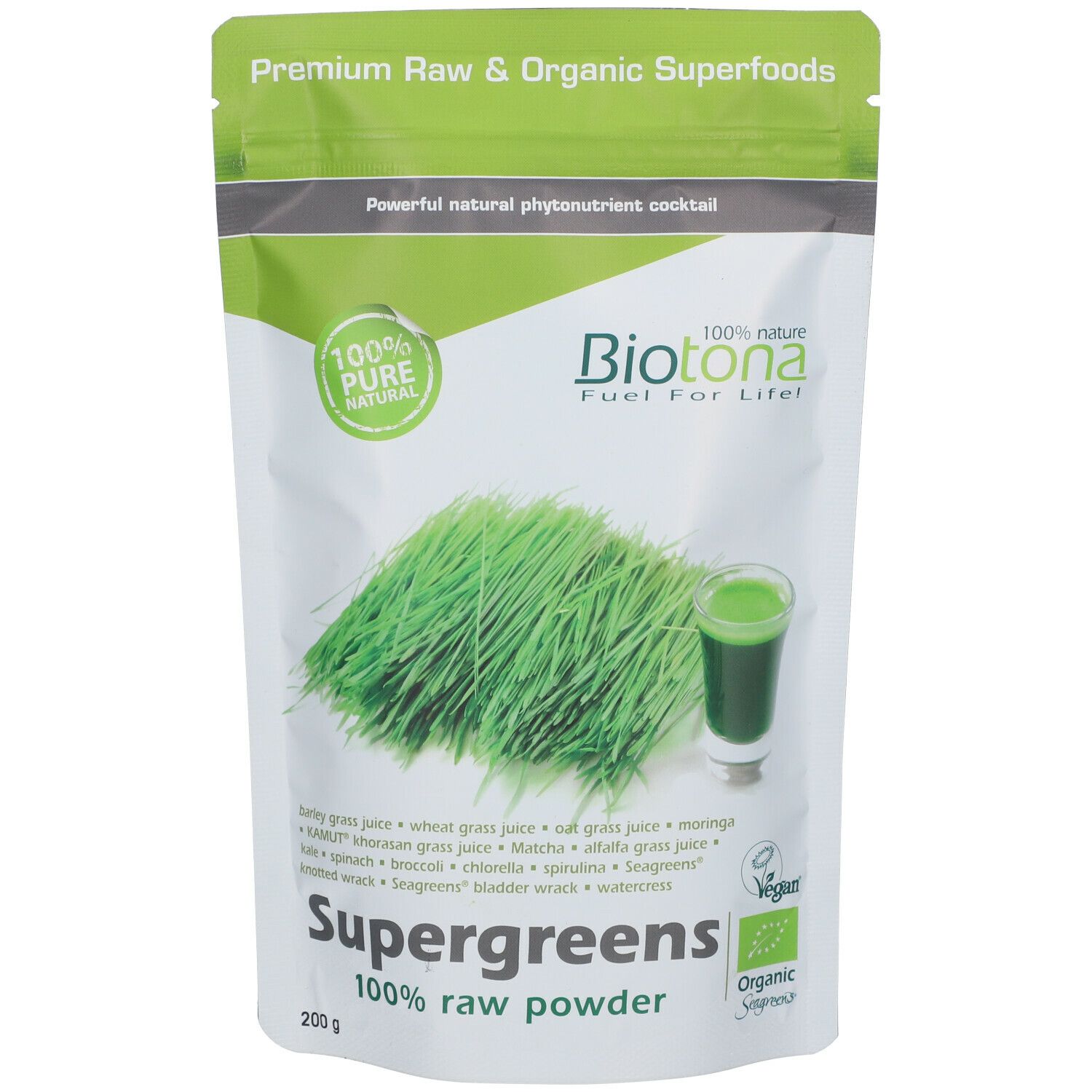 Zak Biotona Supergreens rauw poeder. Groen-witte verpakking met productafbeelding en tekst. 100% Pure Natural.