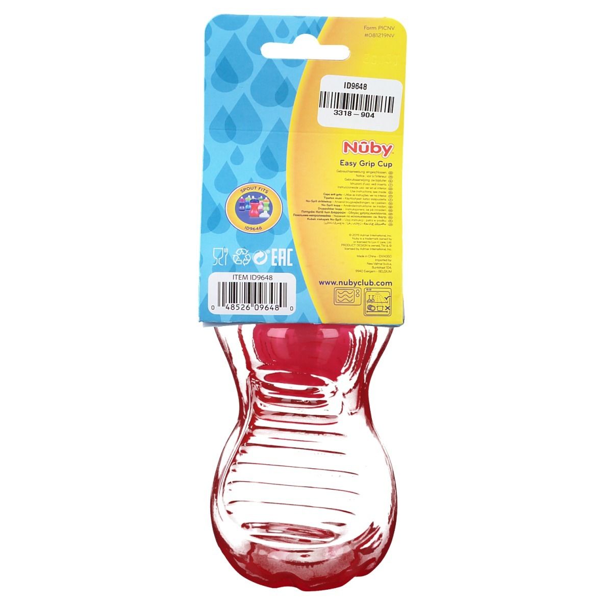 Achterkant van de Nuby Easy Grip Cup verpakking. Rode beker, productinformatie, logo's en barcode.