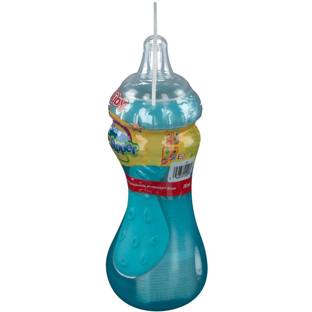 Turquoise drinkfles met rietje. Gele en rode etiketten. Transparante deksel en ophanger. Productverpakking.