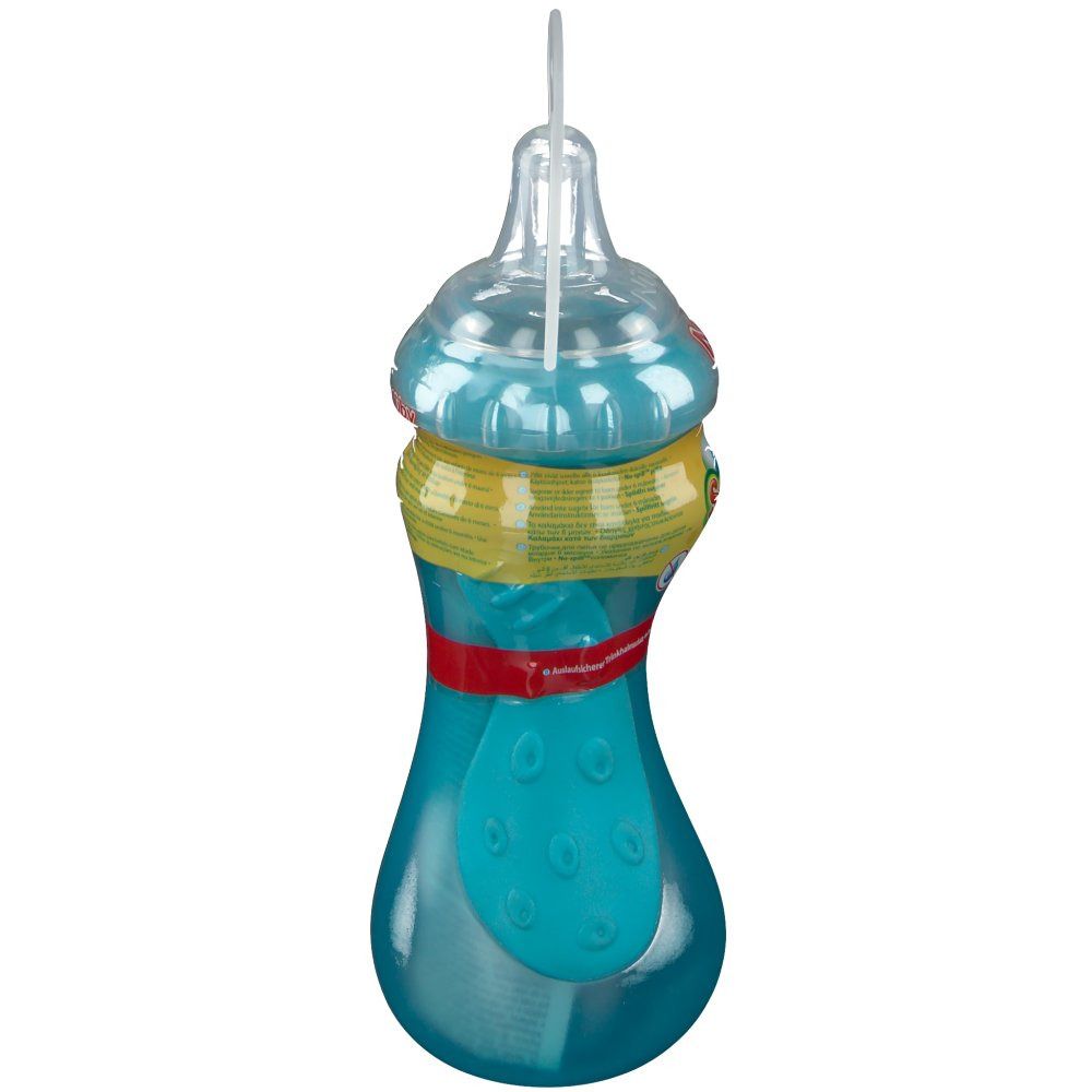 Turquoise drinkfles met rietje. Gele en rode etiketten. Transparante deksel en ophanger. Productverpakking.
