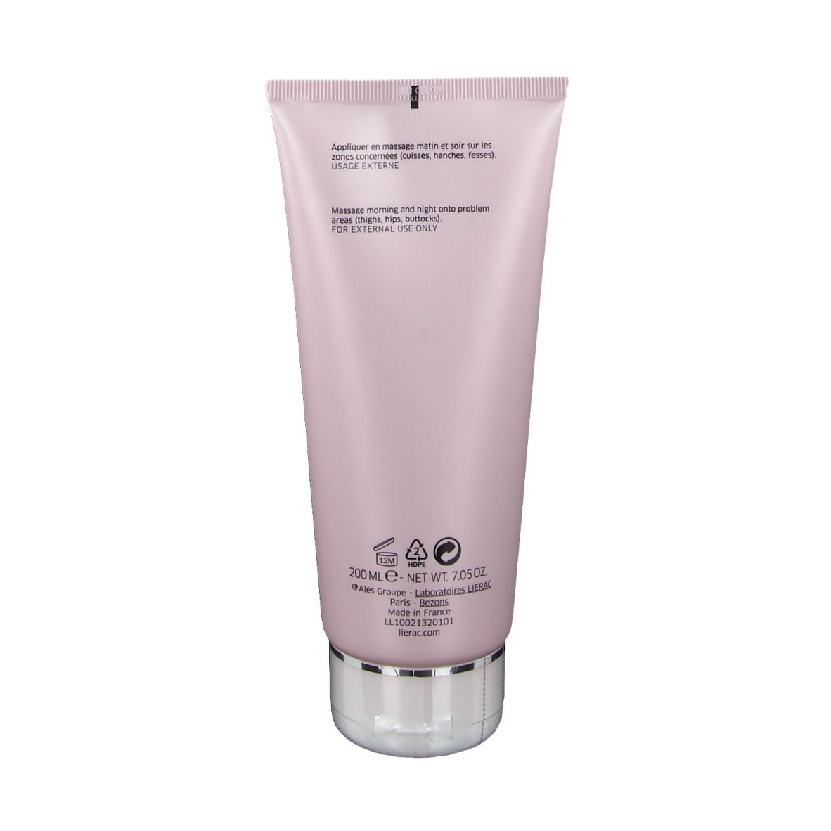 Dos du tube rose. Texte: application, ingrédients, avertissements. Marque LIERAC, 200ml.