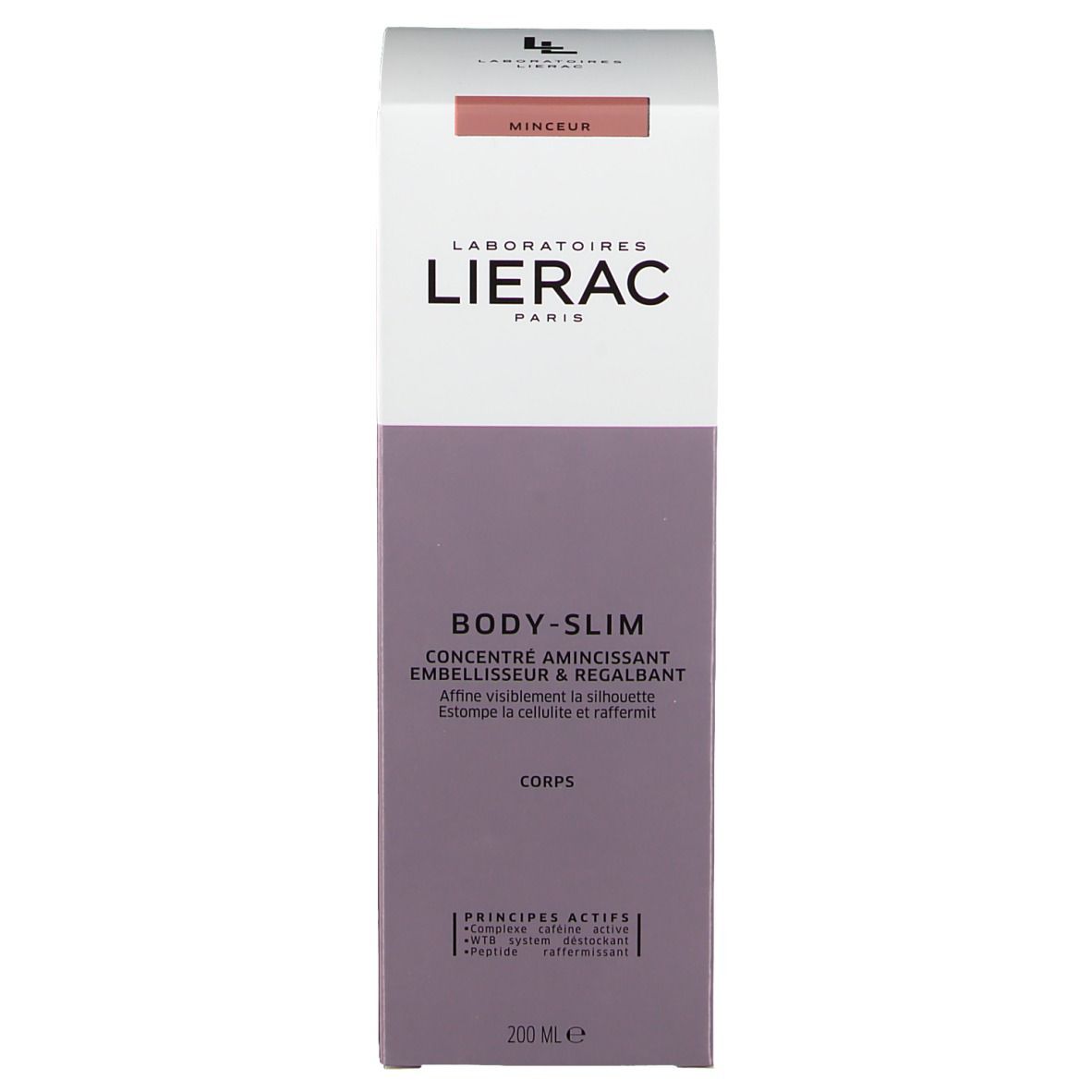 Emballage du produit. Blanc, violet. Inscription BODY-SLIM, marque LIERAC. Texte: concentré pour le corps, 200 ml.