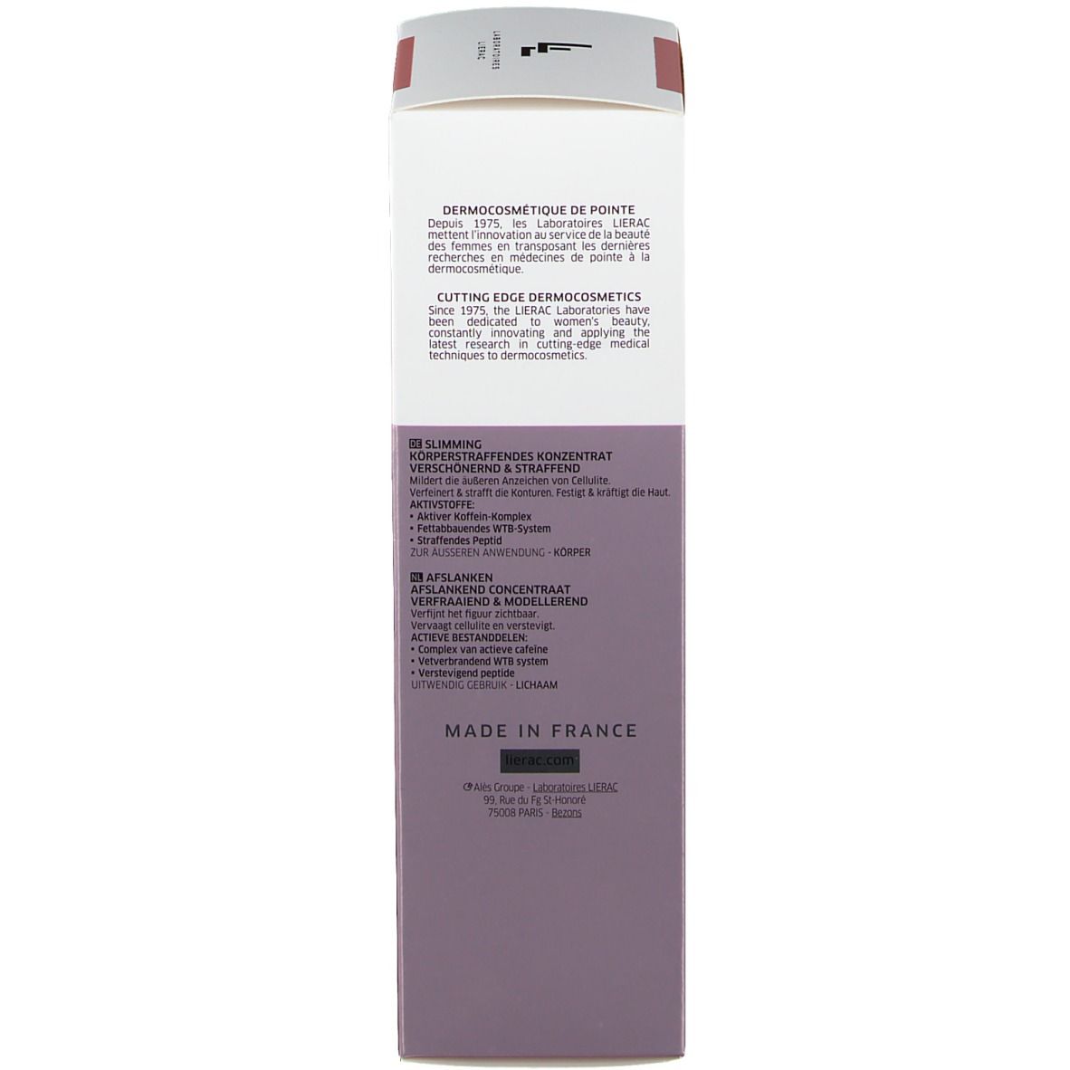 Emballage du produit, dos. Texte: dermocosmétique, ingrédients, application. Marque LIERAC. Fabriqué en France.