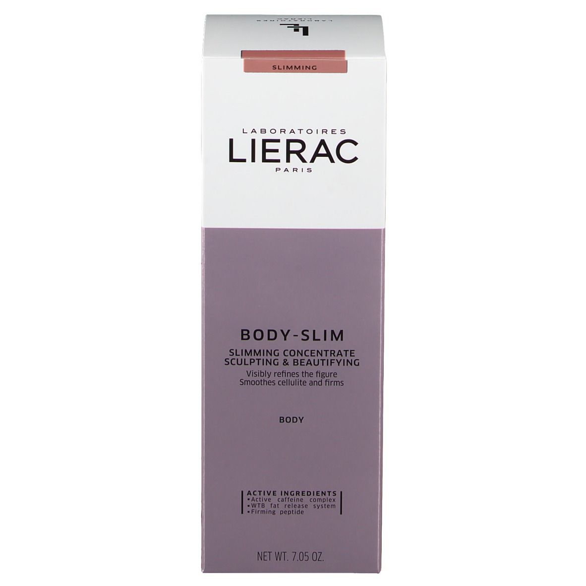 Emballage du produit. Blanc, violet. Inscription BODY-SLIM, marque LIERAC. Texte: concentré pour le corps, 7.05 oz.
