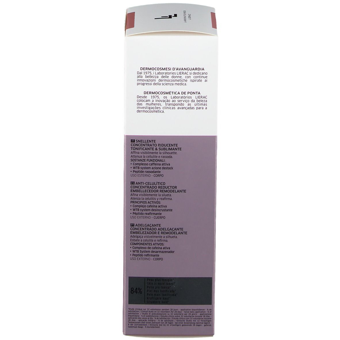 Emballage du produit, dos. Texte: dermocosmétique, ingrédients, application. Marque LIERAC. Fabriqué en France.