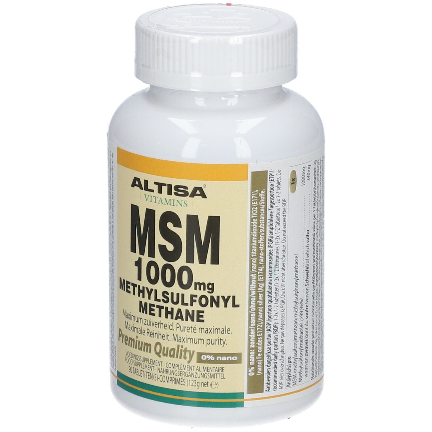 Flacon blanc avec étiquette jaune. Inscription: ALTISA VITAMINS MSM 1000mg Methylsulfonylmethane. Premium Quality.