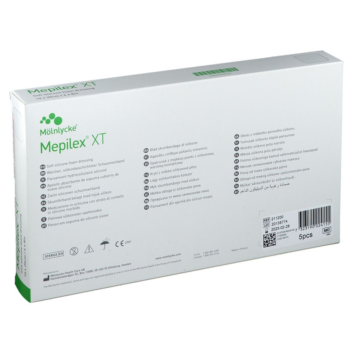 Achterkant van de Mepilex XT verpakking. Meertalige tekst, maat en batchnummer.