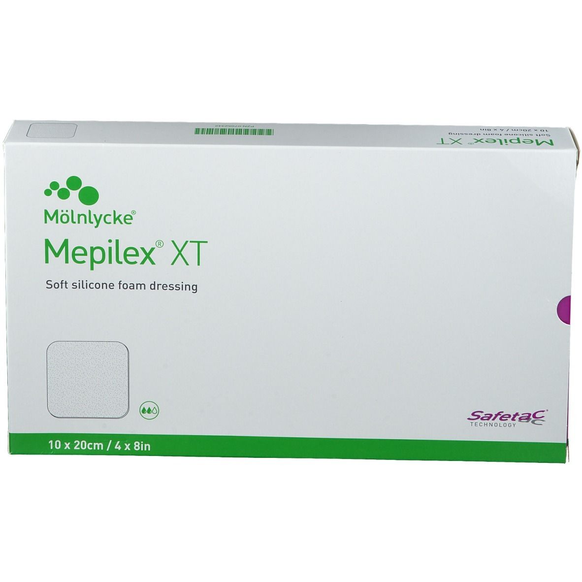 Mepilex XT verpakking, 10 cm x 20 cm. Witte doos met logo en maatindicatie.
