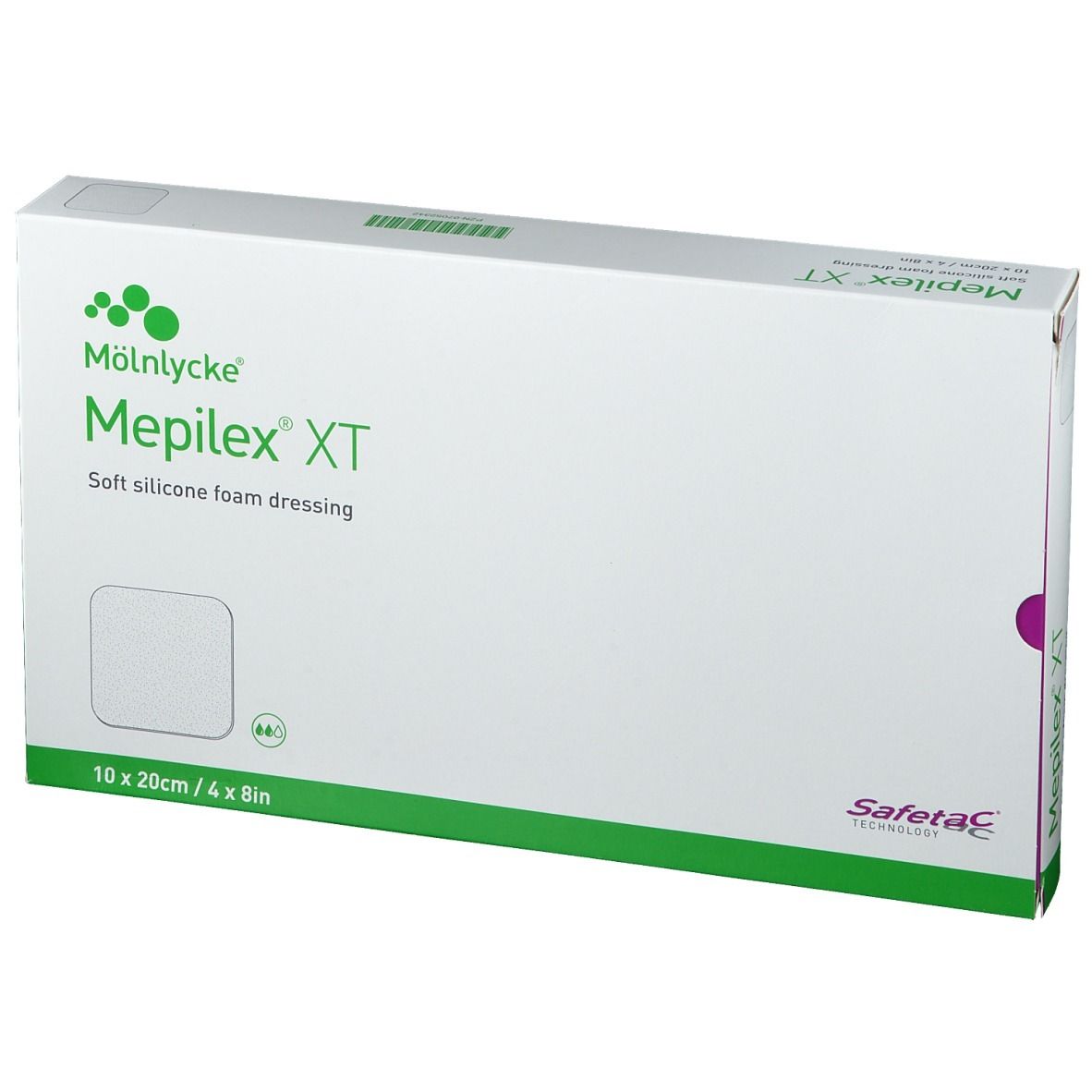 Mepilex XT verpakking, 10 cm x 20 cm. Witte doos met logo en maatindicatie.