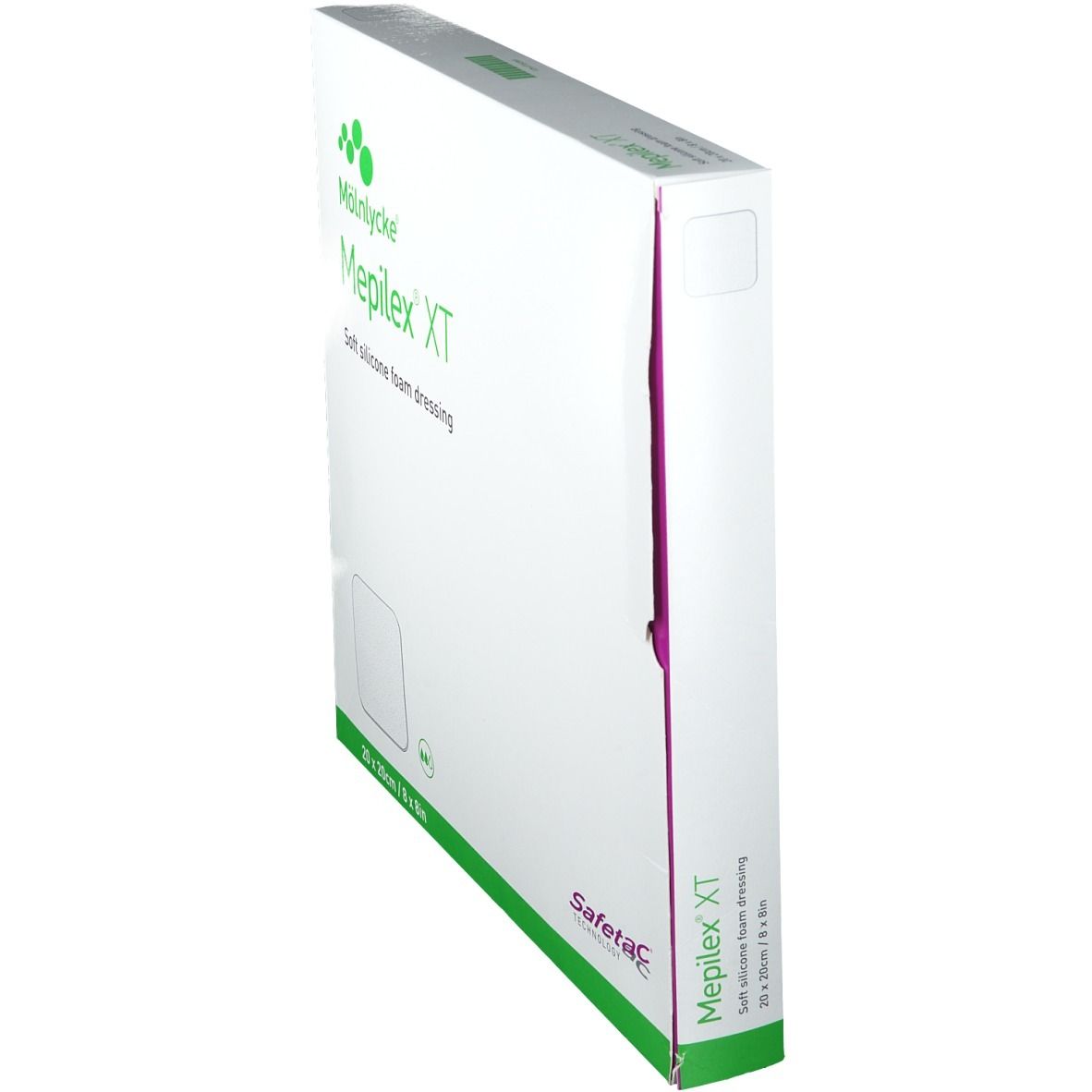 Emballage Mepilex XT, 20x20cm, vue latérale. Pansement en mousse de silicone souple. Marque Mölnlycke. Technologie Safetac.