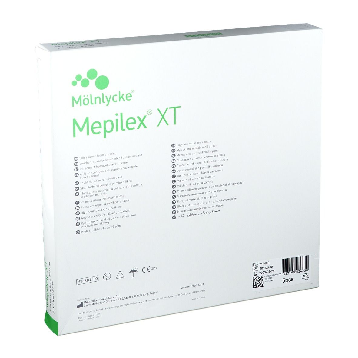 Dos de l'emballage Mepilex XT. Liste des caractéristiques. Marque Mölnlycke. 5 pièces.