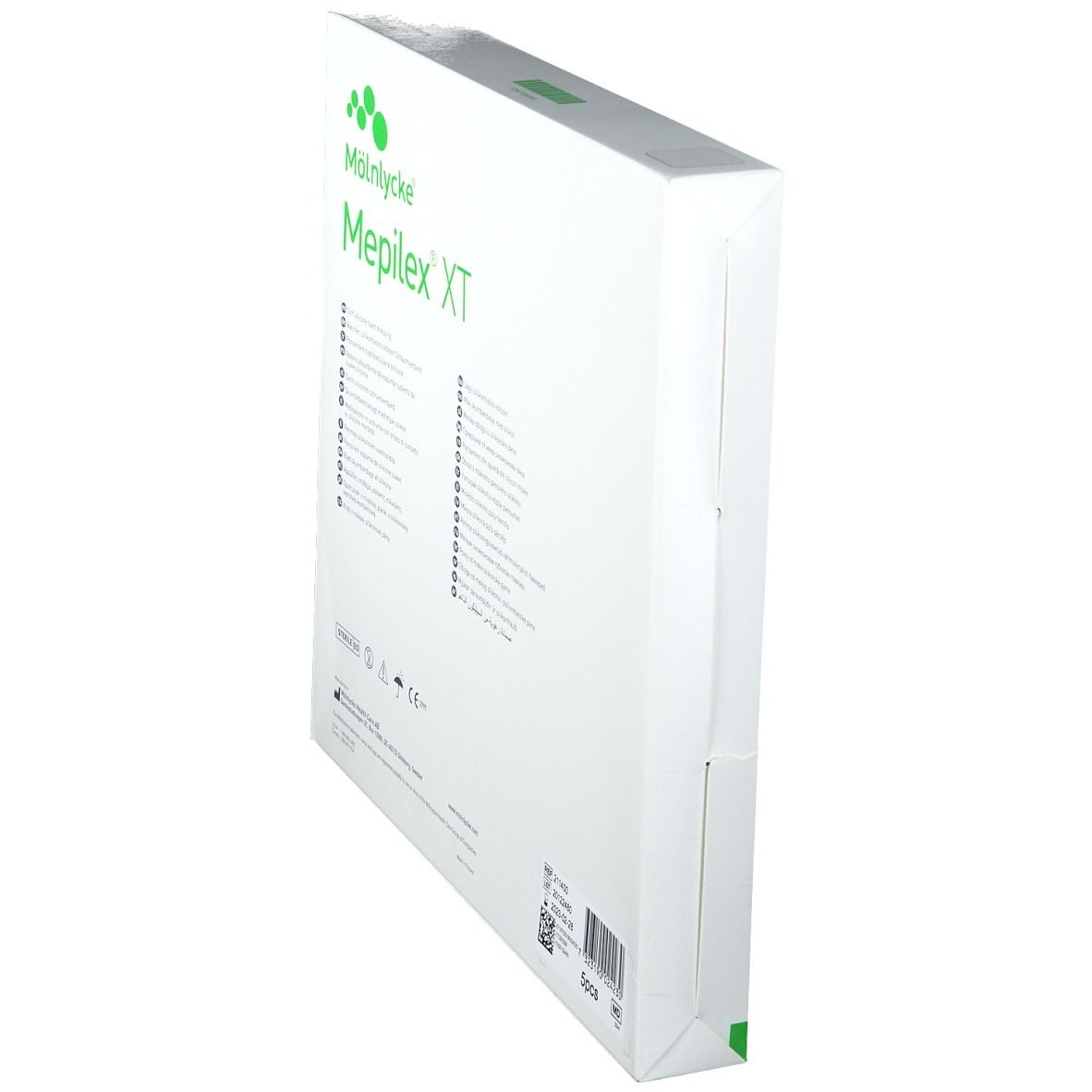 Emballage Mepilex XT, dos. Liste des caractéristiques. Marque Mölnlycke.