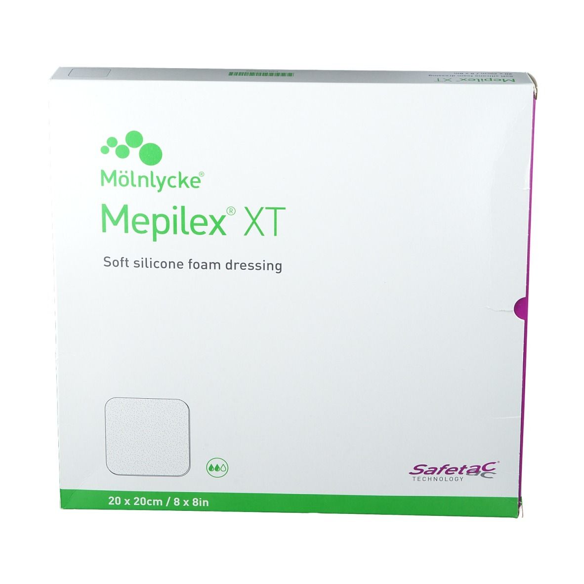 Emballage Mepilex XT, 20x20cm. Pansement en mousse de silicone souple. Marque Mölnlycke. Technologie Safetac.