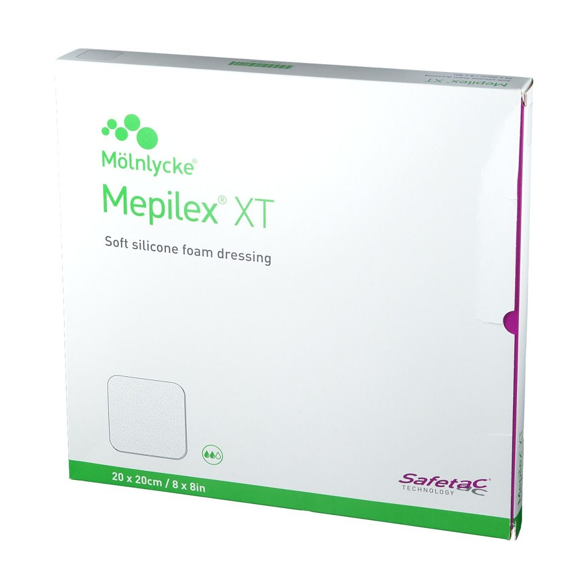 Emballage Mepilex XT, 20x20cm. Pansement en mousse de silicone souple. Marque Mölnlycke. Technologie Safetac.