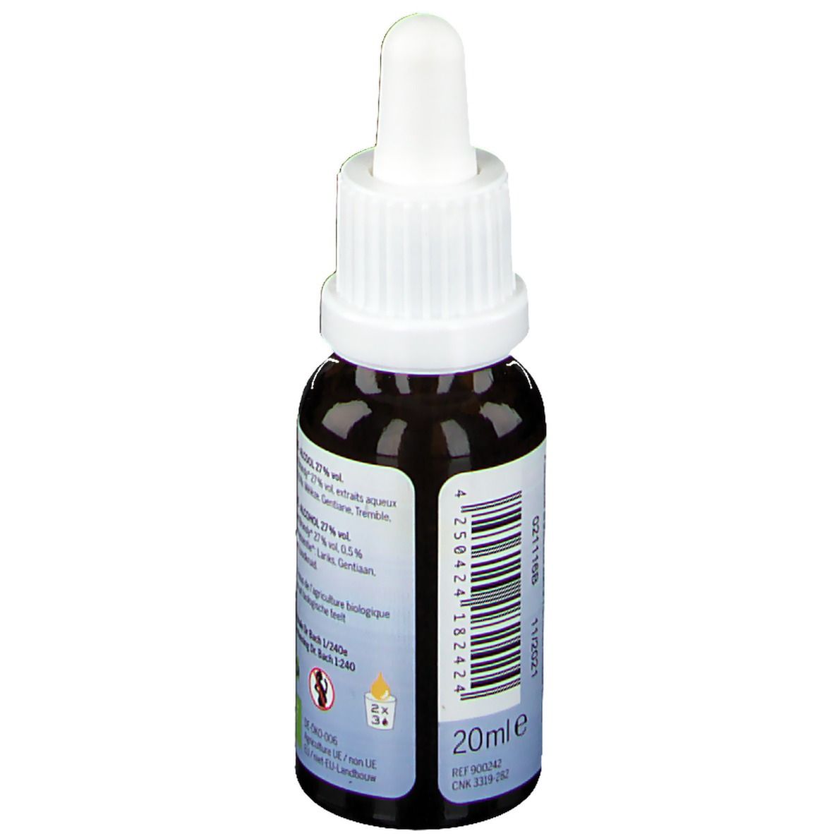 Flacon en verre brun avec bouchon blanc. Étiquette avec code-barres et texte. 20 ml.