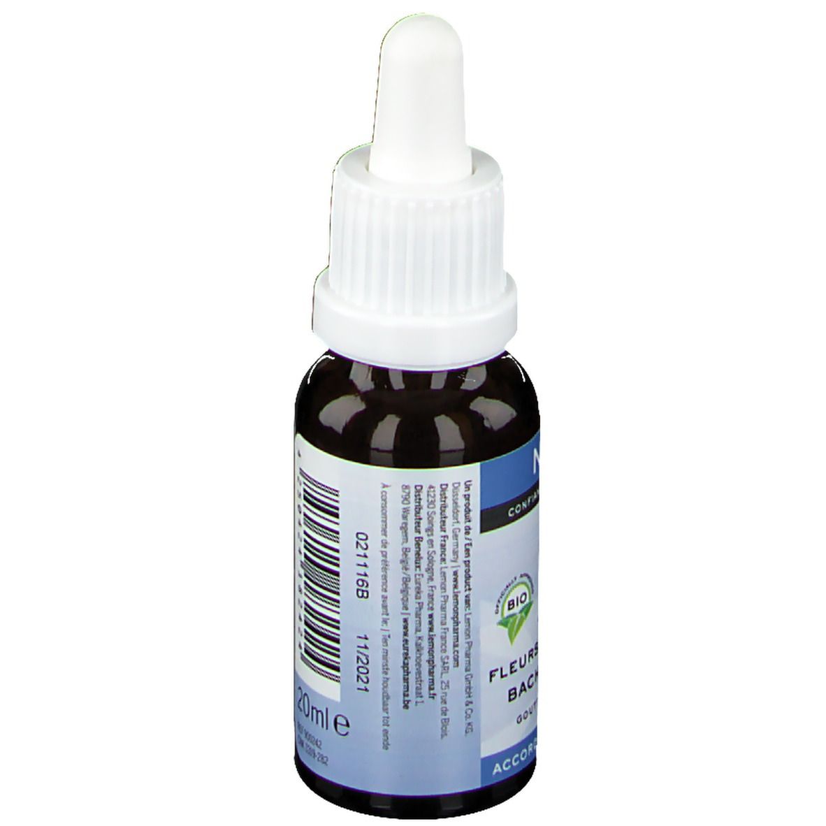 Flacon en verre brun avec bouchon blanc. Étiquette avec texte et 20 ml. Durabilité 11/2021.