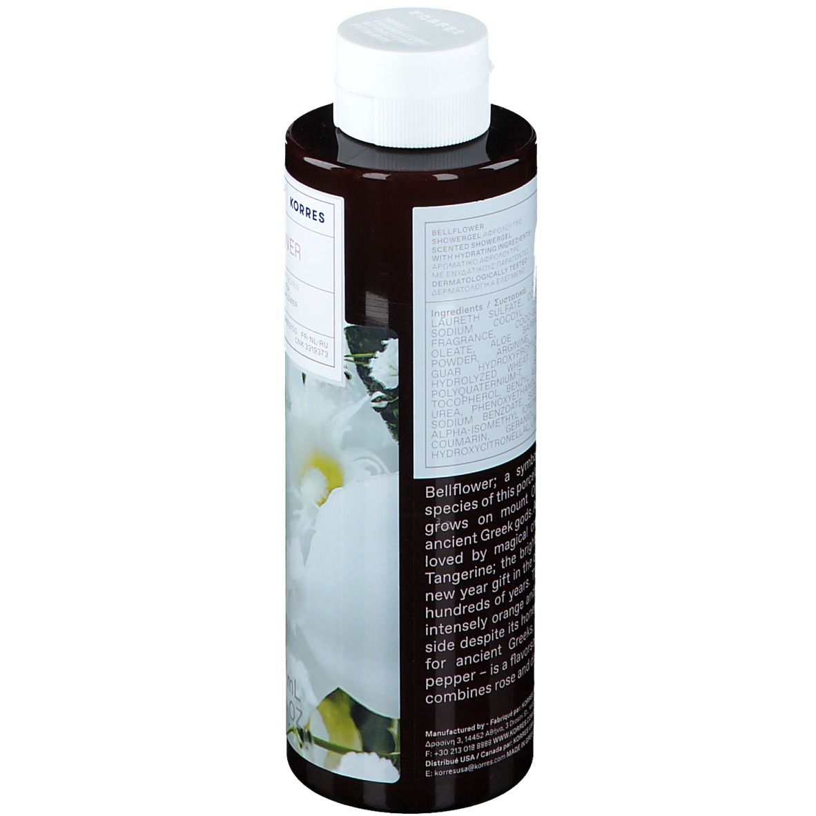 Flacon marron avec bouchon blanc. Dos avec texte et motif floral. Informations sur le produit imprimées.