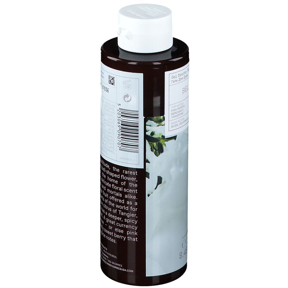 Flacon marron avec bouchon blanc. Dos avec texte et motif floral. Informations sur le produit imprimées.