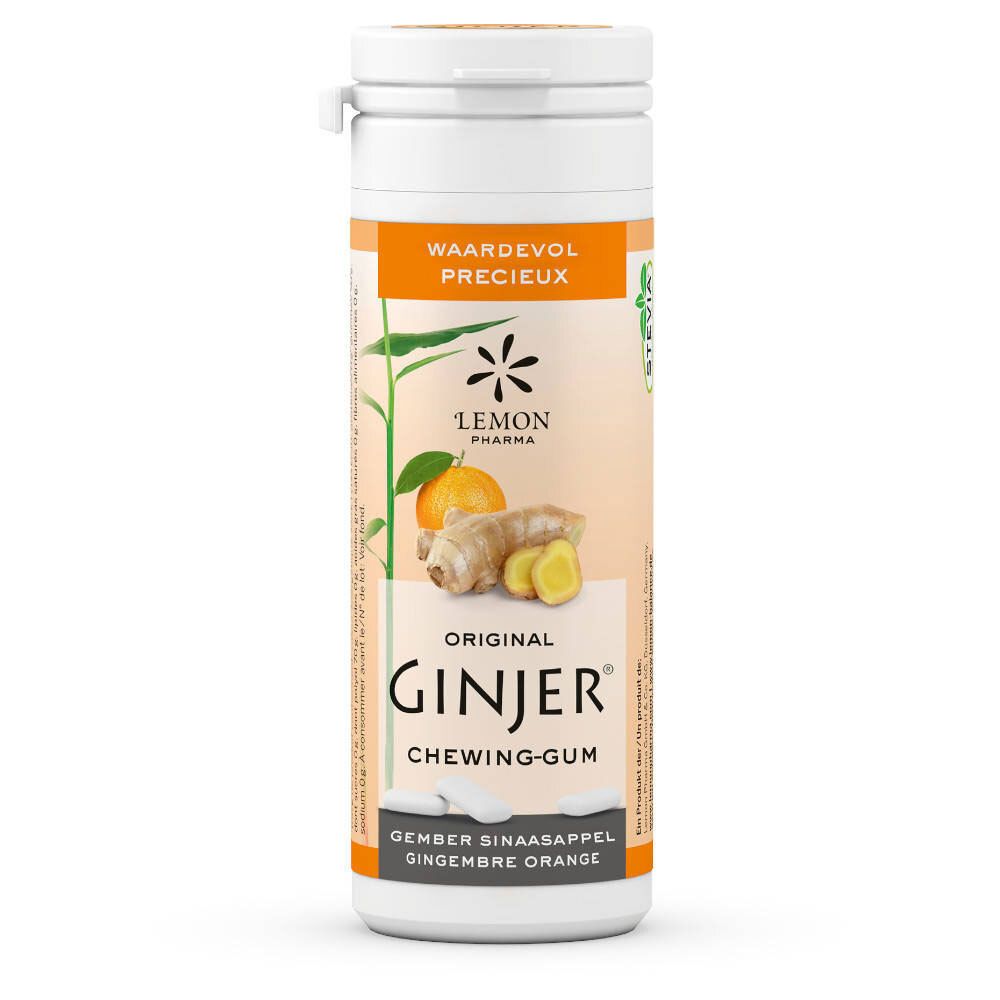 Witte fles Ginjer Original kauwgom. Oranje etiket met afbeelding van gember en sinaasappel. Tekst: Ginjer, Chewing-Gum.