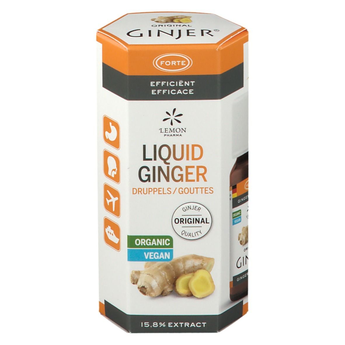 Cilindrische verpakking Ginjer Original Forte Gouttes. Opschrift: Liquid Ginger, Organic, Vegan. Illustratie van gember.