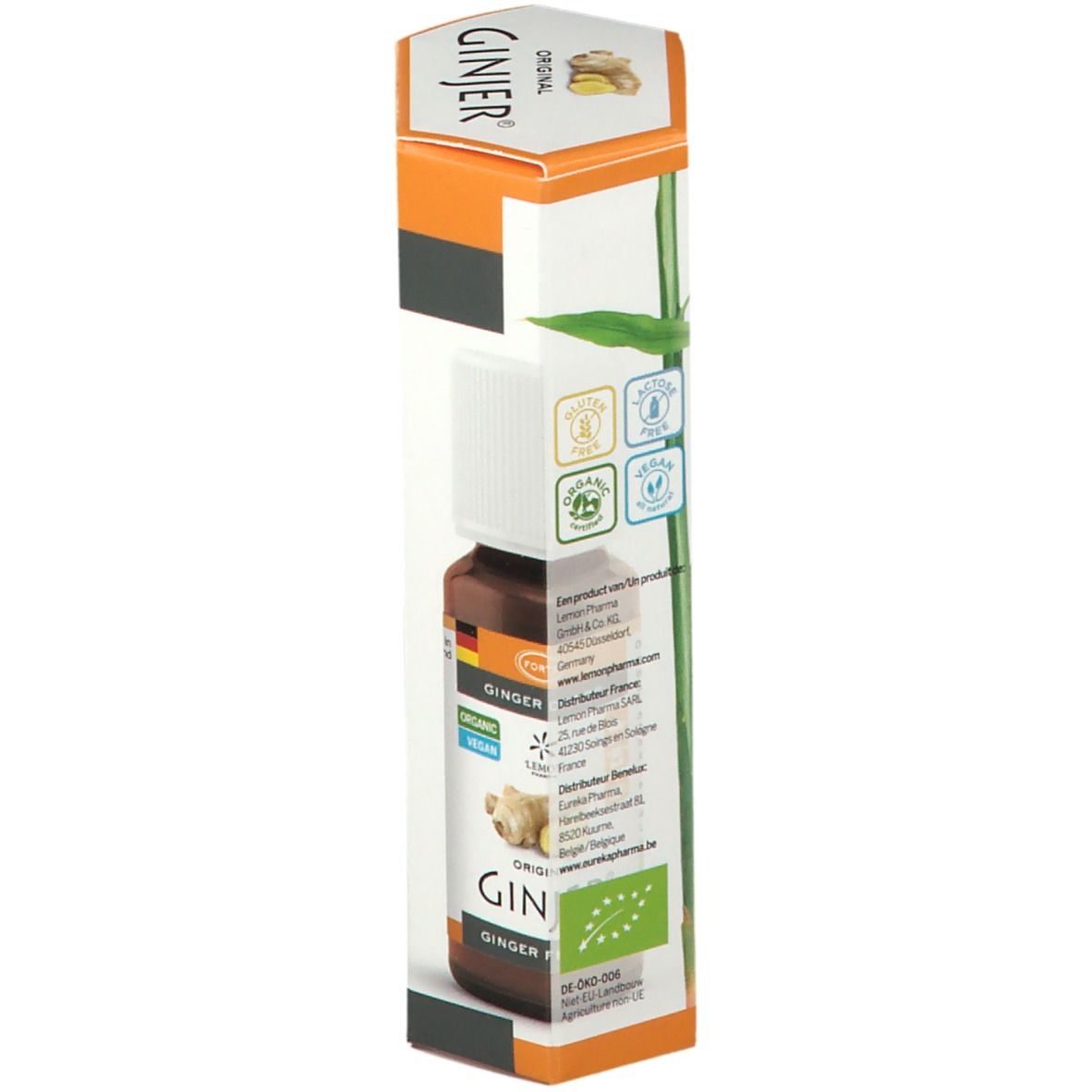 Fles Ginjer Original Forte Gouttes in verpakking. Opschrift: Ginjer, Organic, Vegan. Illustratie van gember. Certificeringen.