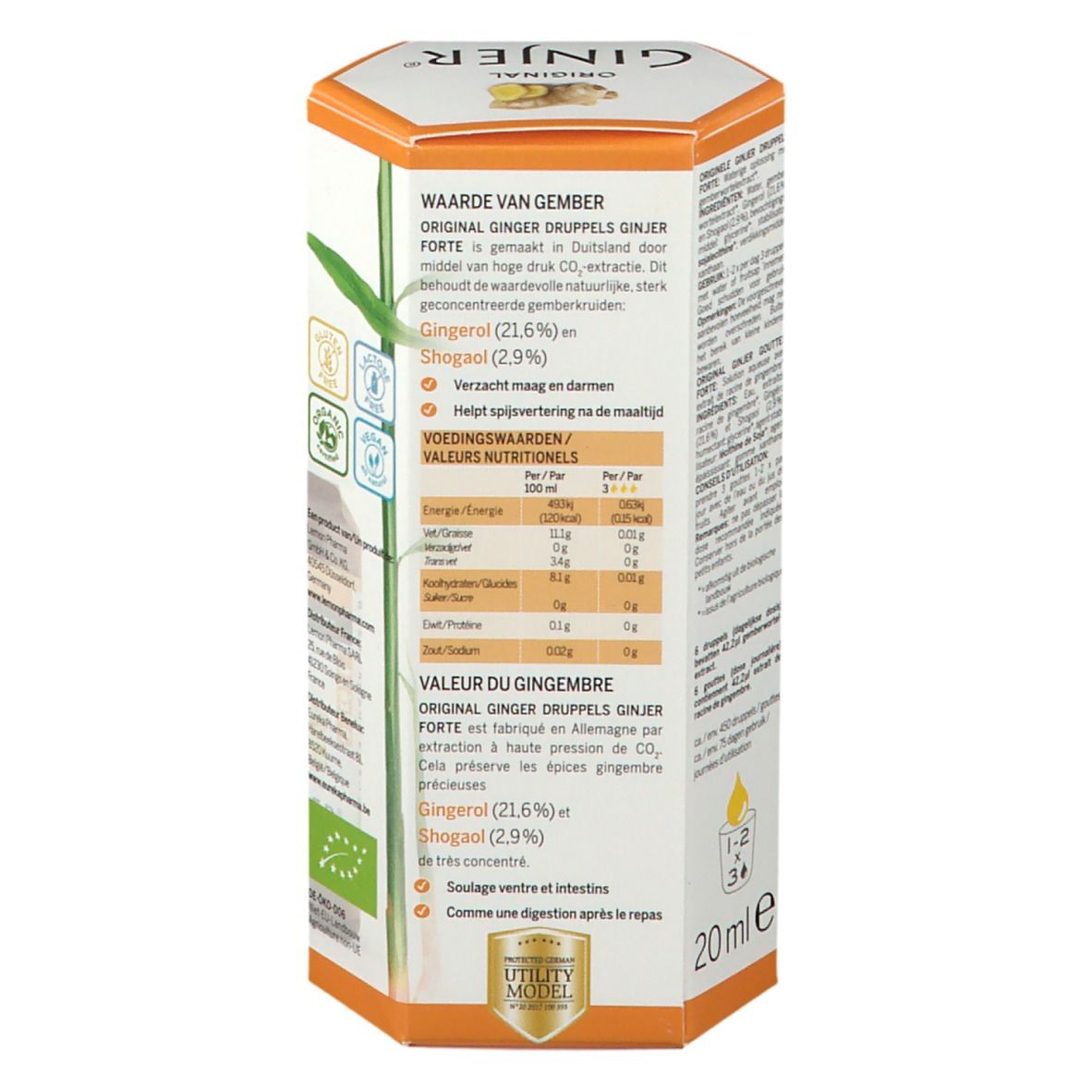 Achterkant van de verpakking Ginjer Original Forte Gouttes. Tekst over ingrediënten en voedingswaarden. Bio-keurmerk en Utility Model.