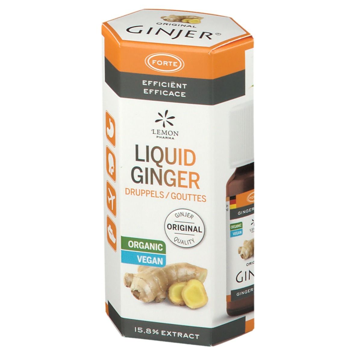 Cilindrische verpakking Ginjer Original Forte Gouttes. Opschrift: Liquid Ginger, Organic, Vegan. Illustratie van gember. 15,8% extract.