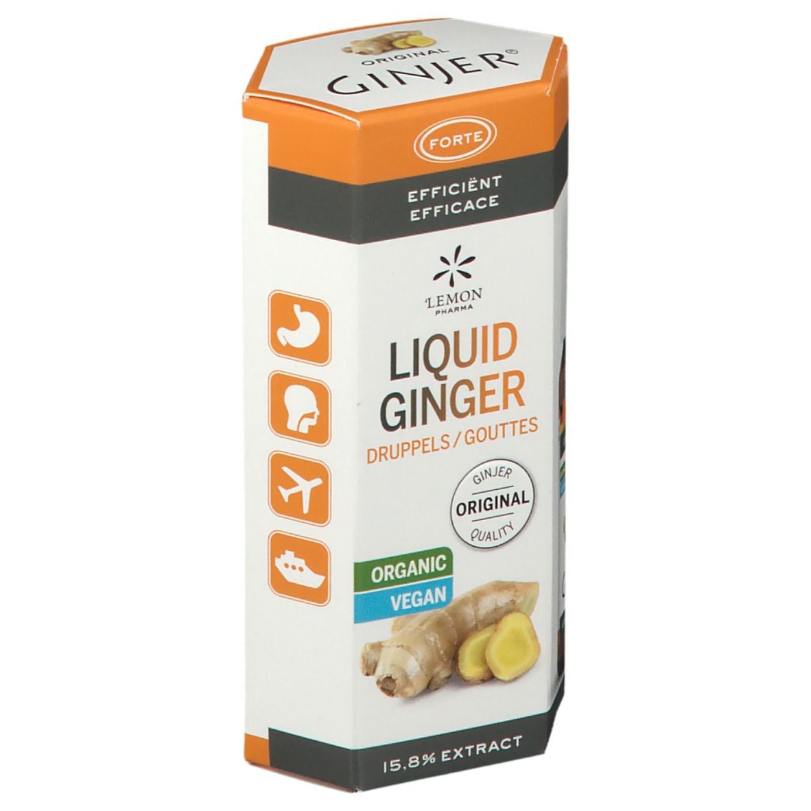 Cilindrische verpakking Ginjer Original Forte Gouttes. Opschrift: Liquid Ginger, Organic, Vegan. Illustratie van gember. Iconen.