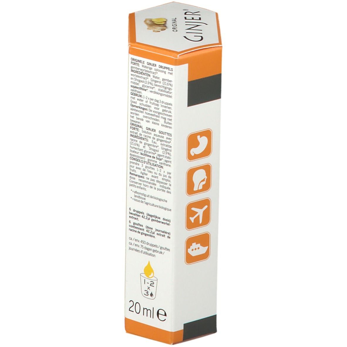 Zijkant van de verpakking Ginjer Original Forte Gouttes. Tekst, iconen en 20ml indicatie. Dosering instructies.