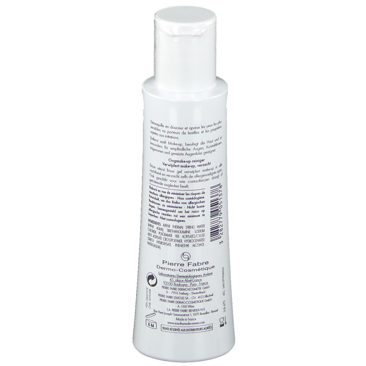 Weiße Flasche, Rückseite. Text in mehreren Sprachen. Barcode und Herstellerinformationen. Pierre Fabre Dermo-Cosmétique.
