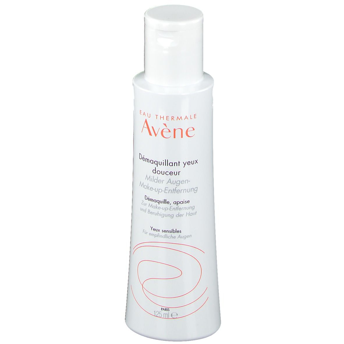 Weiße Flasche mit roter und schwarzer Schrift. Aufschrift: Eau Thermale Avène, Démaquillant yeux douceur, Milder Augen-Make-Up-Entferner.