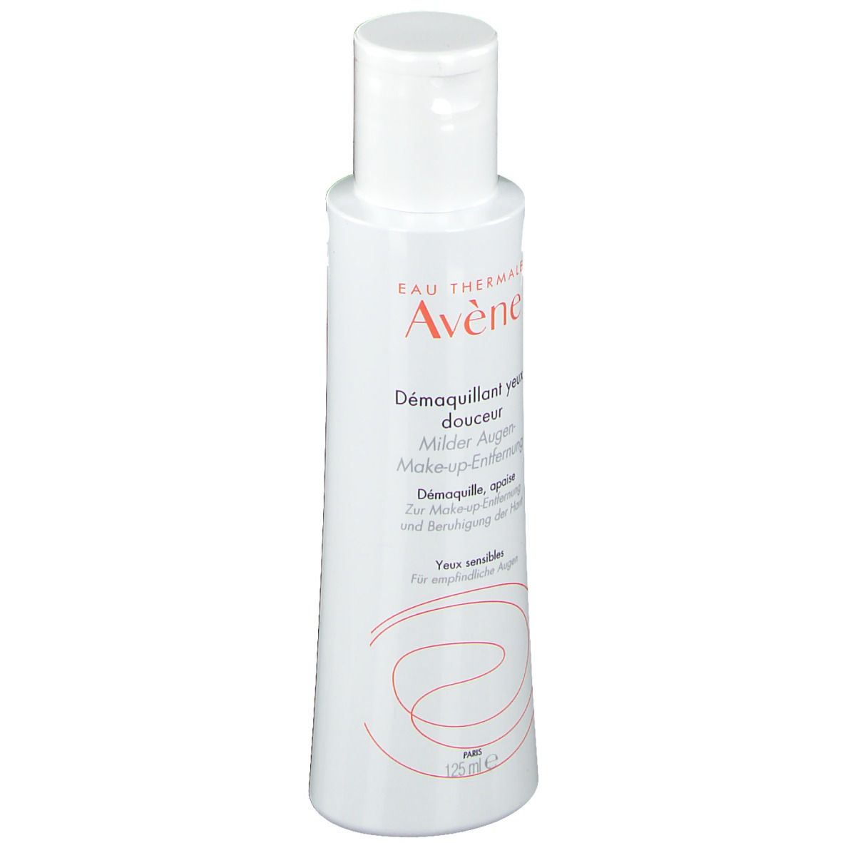 Weiße Flasche mit roter und schwarzer Schrift. Aufschrift: Eau Thermale Avène, Démaquillant yeux douceur, Milder Augen-Make-Up-Entferner.