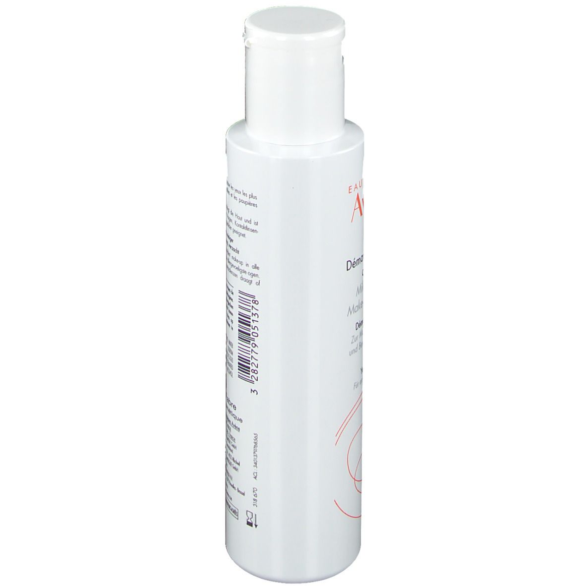 Weiße Flasche, Seitenansicht. Aufschrift: Eau Thermale Avène, Démaquillant yeux douceur, Milder Augen-Make-Up-Entferner. Mit Text in mehreren Sprachen.