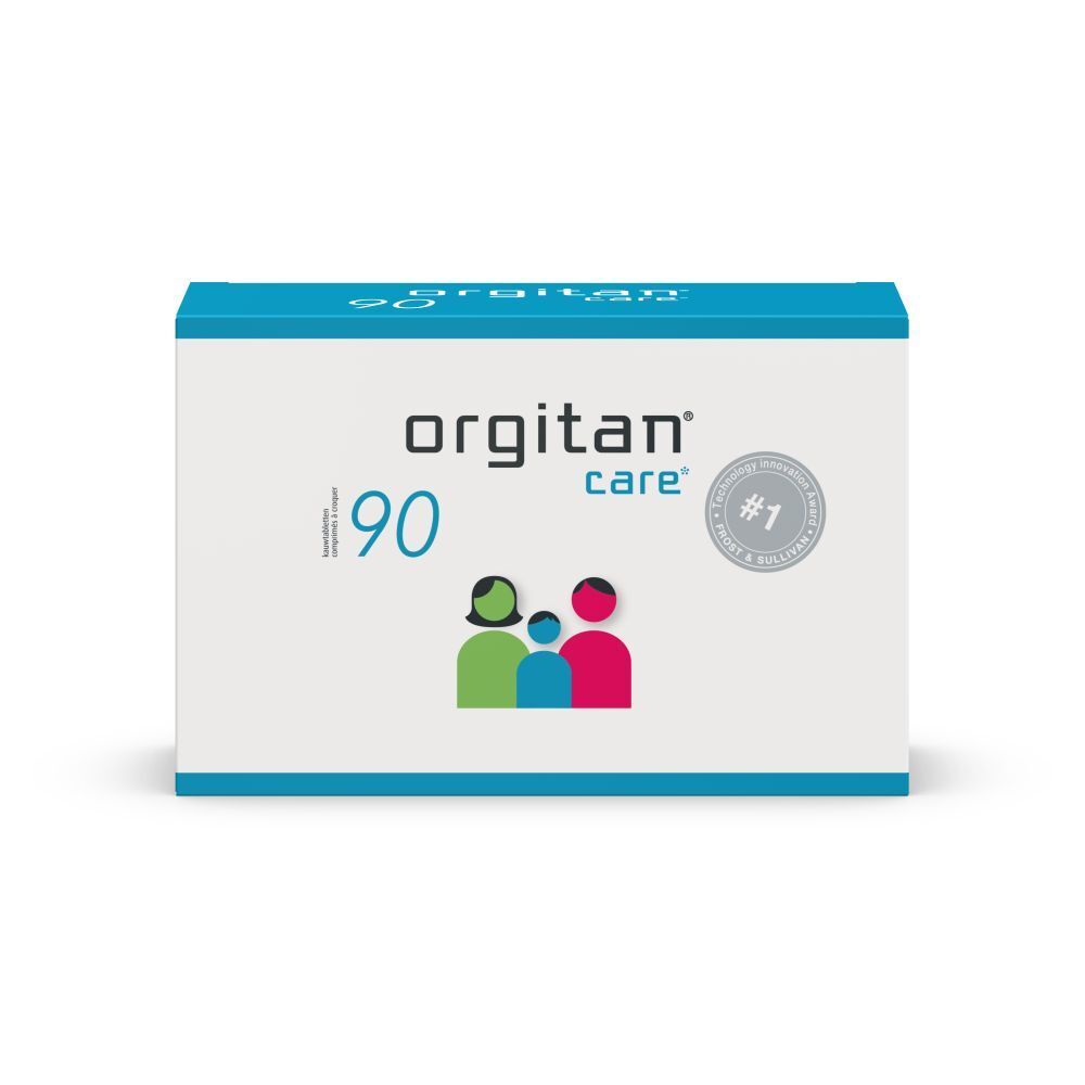 Orgitan Care 90 verpakking. Wit, blauw. Logo, familiesymbool. Keurmerk.