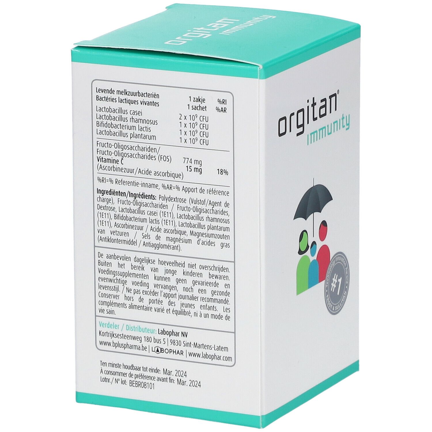 Dos de la boîte orgitan® immunity. Liste des ingrédients, informations nutritionnelles et fabricant. Texte en néerlandais.
