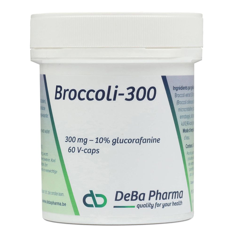 Boîte blanche 'Broccoli-300'. Contient 60 V-caps, 300 mg - 10% glucoraphanine. Logo DeBa Pharma.