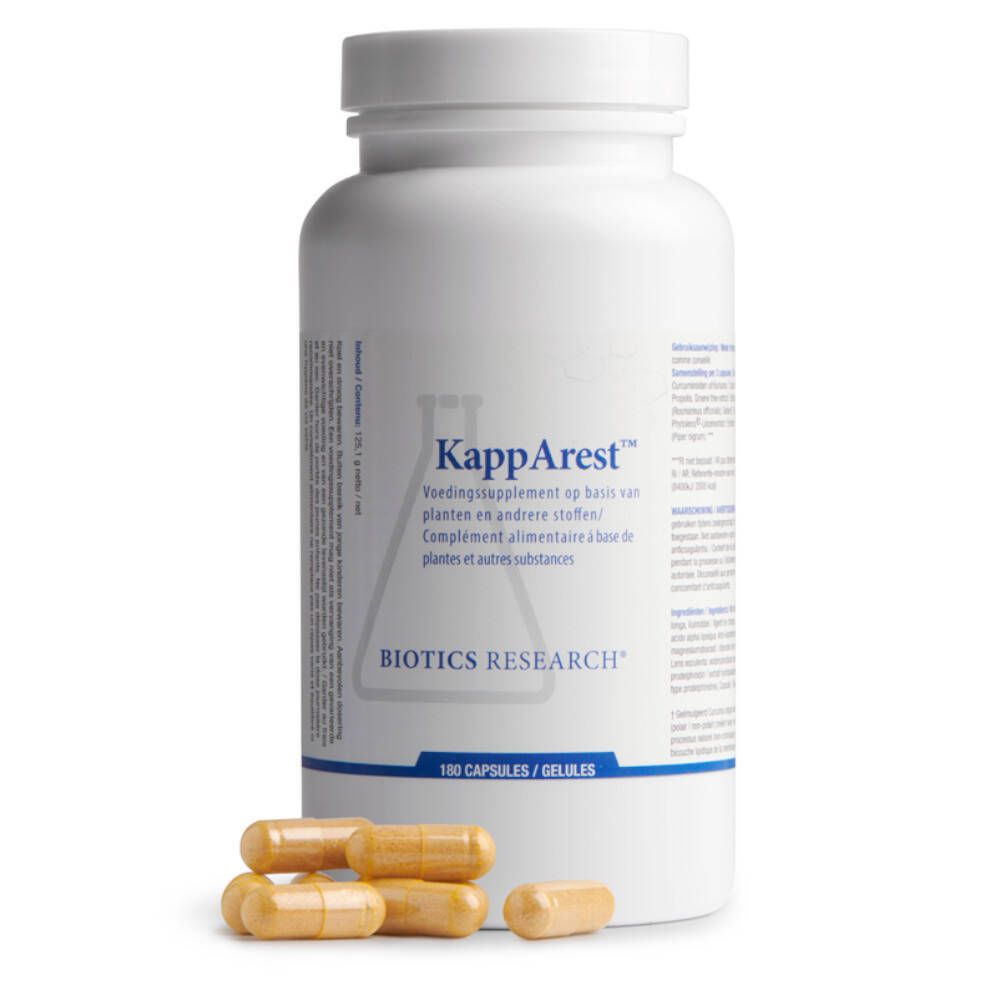 Flacon blanc avec capsules. Quelques capsules à côté. Inscription: KappArest, Biotics Research. 180 capsules.