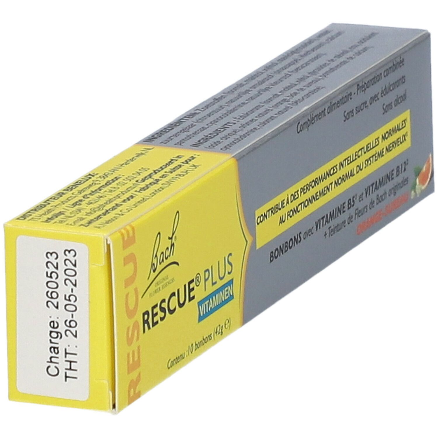 Bach® RESCUE® Plus Bonbons. Verpackung mit Chargennummer und Verfallsdatum. Enthält 10 Bonbons. Mit Vitaminen und Bachblüten.