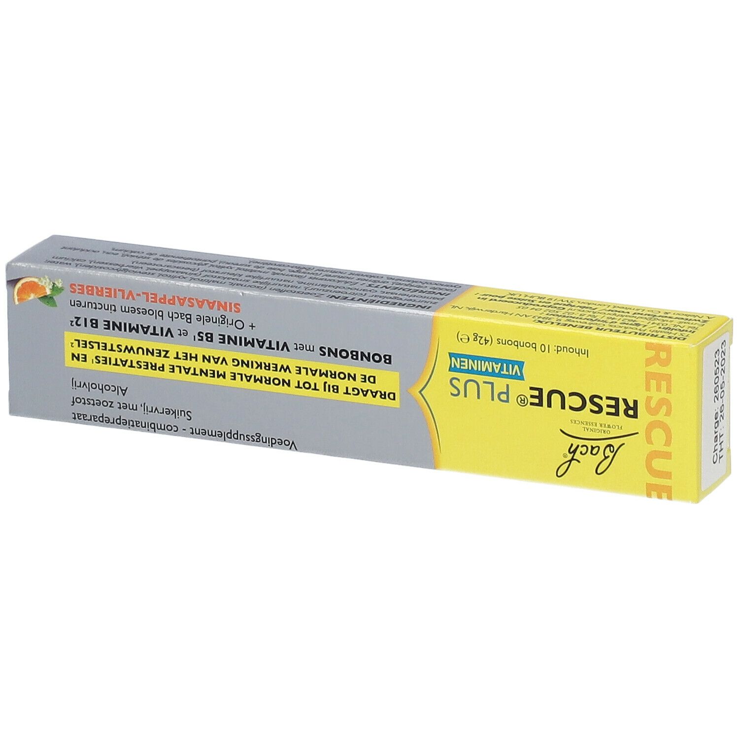 Bach® RESCUE® Plus Bonbons. Verpackung mit Text in Niederländisch. Enthält 10 Bonbons. Mit Vitaminen und Bachblüten. Orange-Holunder.