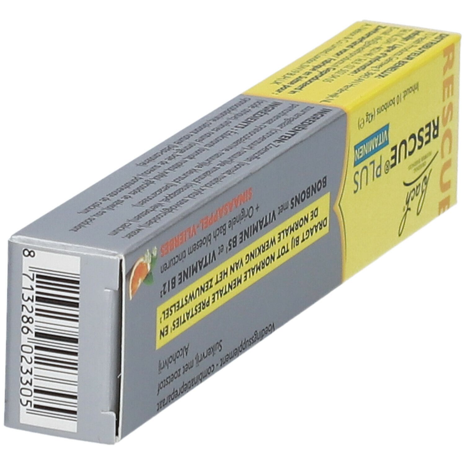 Bach® RESCUE® Plus Bonbons. Verpackung mit Barcode und Text in Niederländisch. Enthält 10 Bonbons. Mit Vitaminen und Bachblüten.