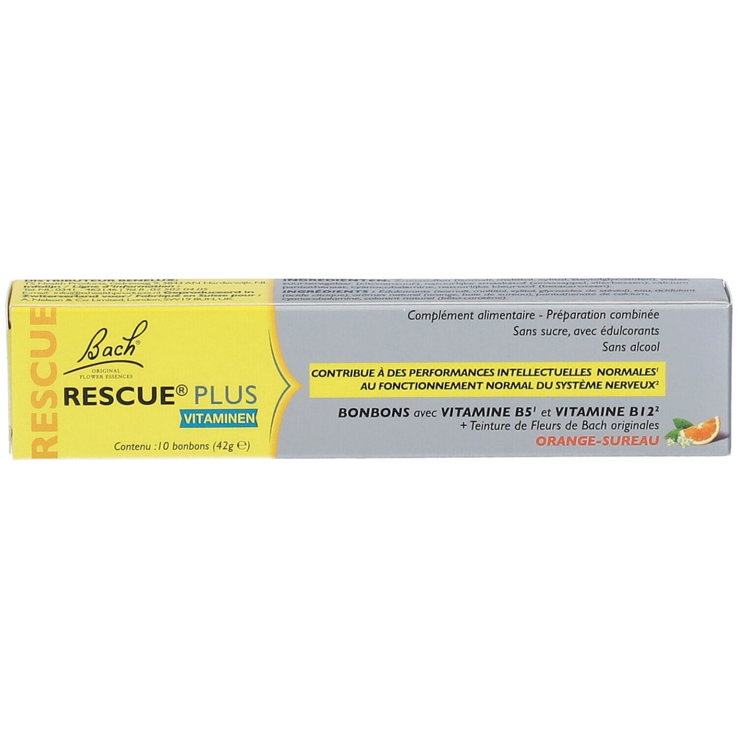 Bach® RESCUE® Plus Bonbons. Gelbe und graue Verpackung. Enthält 10 Bonbons. Mit Vitaminen und Bachblüten. Orange-Holunder.